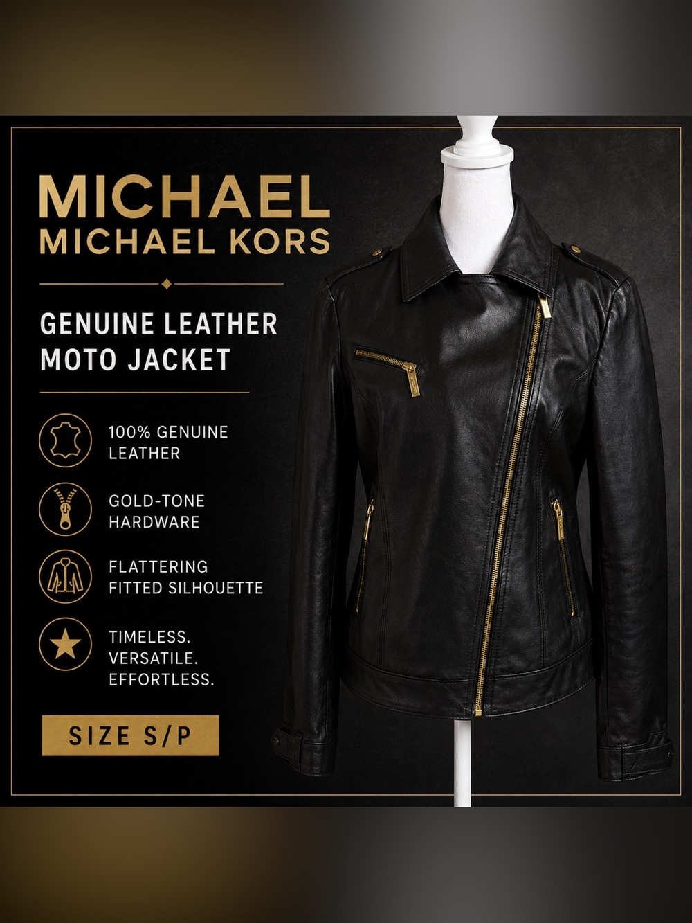 Michael Kors Black Leather Asymmetrical Zip Jacket with Gold Hardware